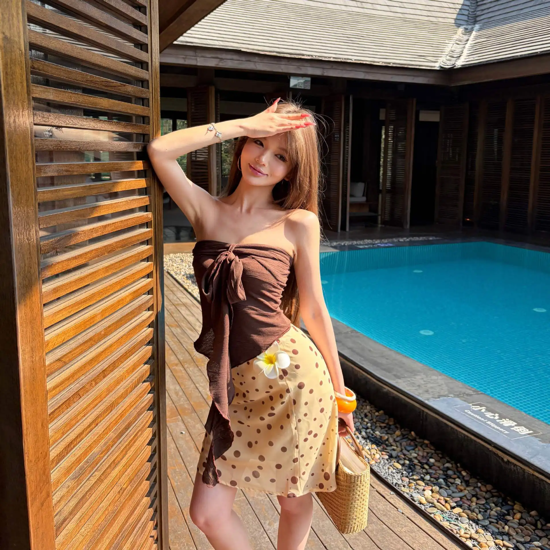 

Island Vacation Style Wear Brown Sexy Tube Top Strap Top Retro Polka Dot Skirt Set
