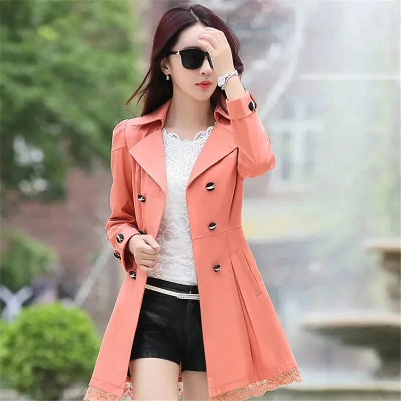 

Women's Coat Double-Breasted Windbreaker Lace Jacket 2022 Autumn Long Sleeve Casual Windbreaker Basic Jackets Outerwear