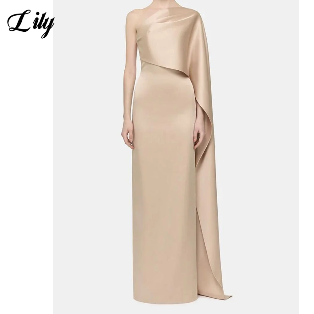 

Lily Champagne Evening Gown One Shoulder Prom Dress Trumpet Pleats Satin Evening Dress Full Sleeves robes de soirée Customized