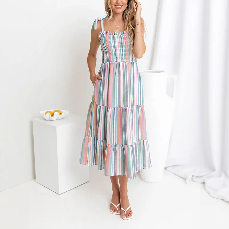 

2025 European and American Summer New Women's Fashion Leisure Holiday Season Rainbow Contrast Striped Suspender Dress