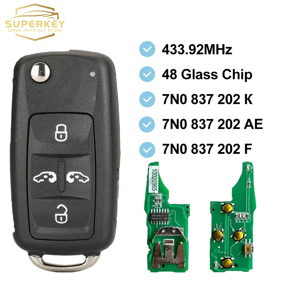 For VW Sharan Multivan T5 Caravelle 433Mhz ID48 Fob Remote Flip Car Key 5 Buttons 7N0837202K/F/AE Compatible For Volkswagen VW