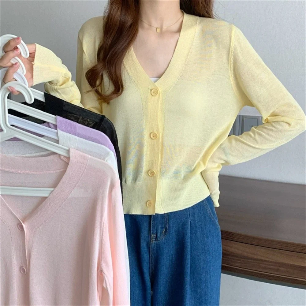 2024 Fashion Summer V Neck Cardigan Women Casual Transparent Sweater Shirts Lady Simple Thin Solid Outwear Female Crop Top