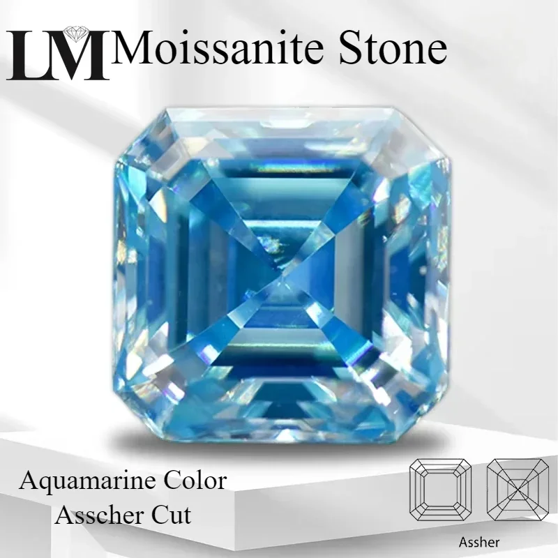 

Moissanite Stone Aquamarine Asscher Cut for Pass Diamond Tester Gemstone Charms Czochralski Method Gemstone with Certificate