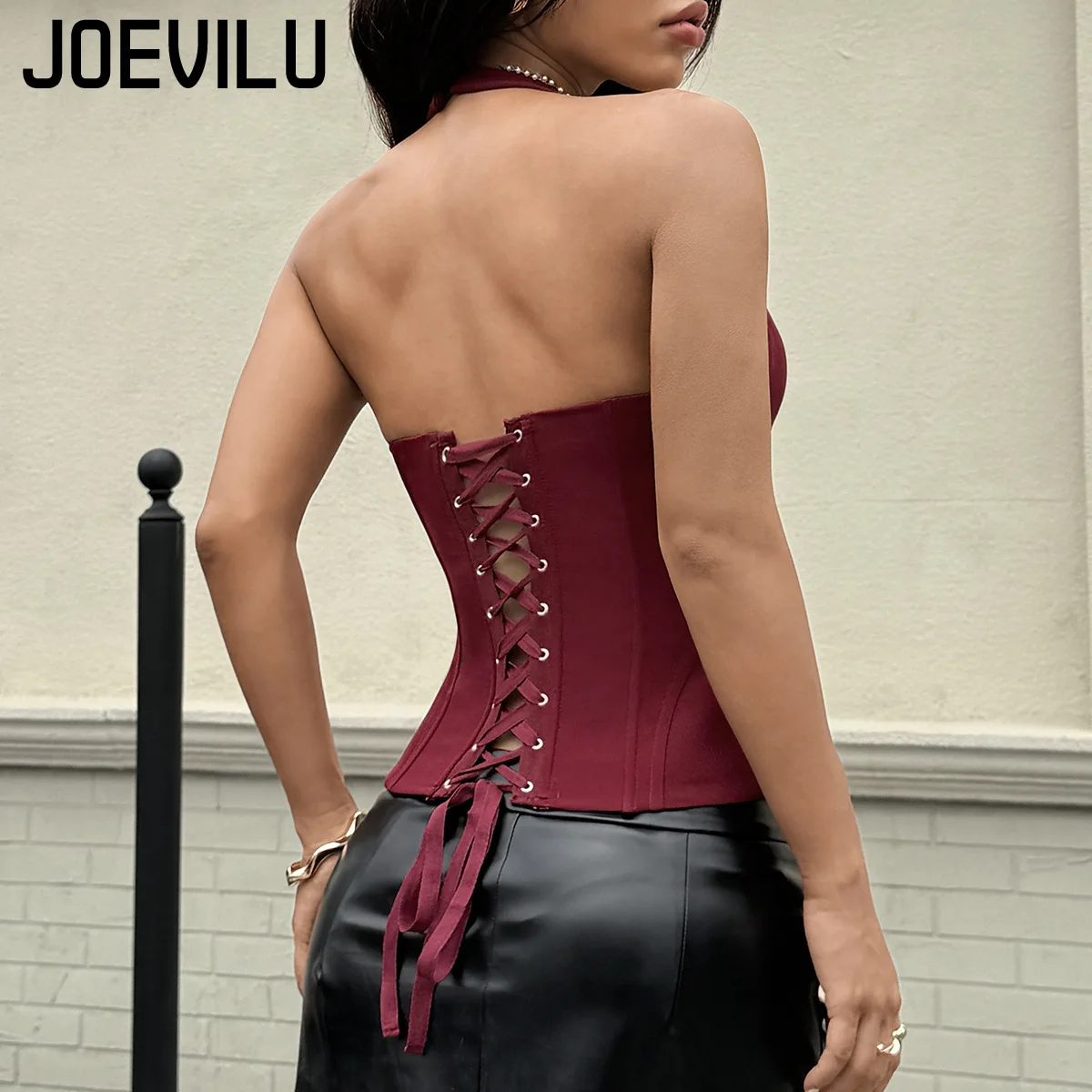 Sexy Y2K Halter Corset Tops Women Boning Deep V Neck Bustier French Style Waist Cincher Back Tie & Zip Closure Hot Clubwear Cute