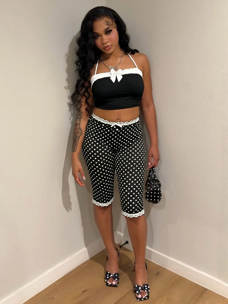 

Bow Decoration Camis Crop Tops + Lace Patchwork Polka Dots Print Skinny Knee Length Pants Women Sexy 2 Piece Set Casual Suits