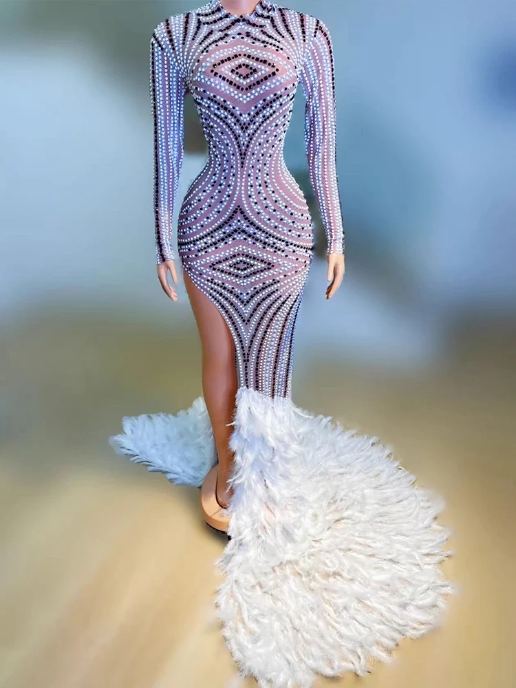 High Quality Rhinestone Feather Splicing Sexy Elastic Dress 2025 New Fashion Custom Women'S Clothing