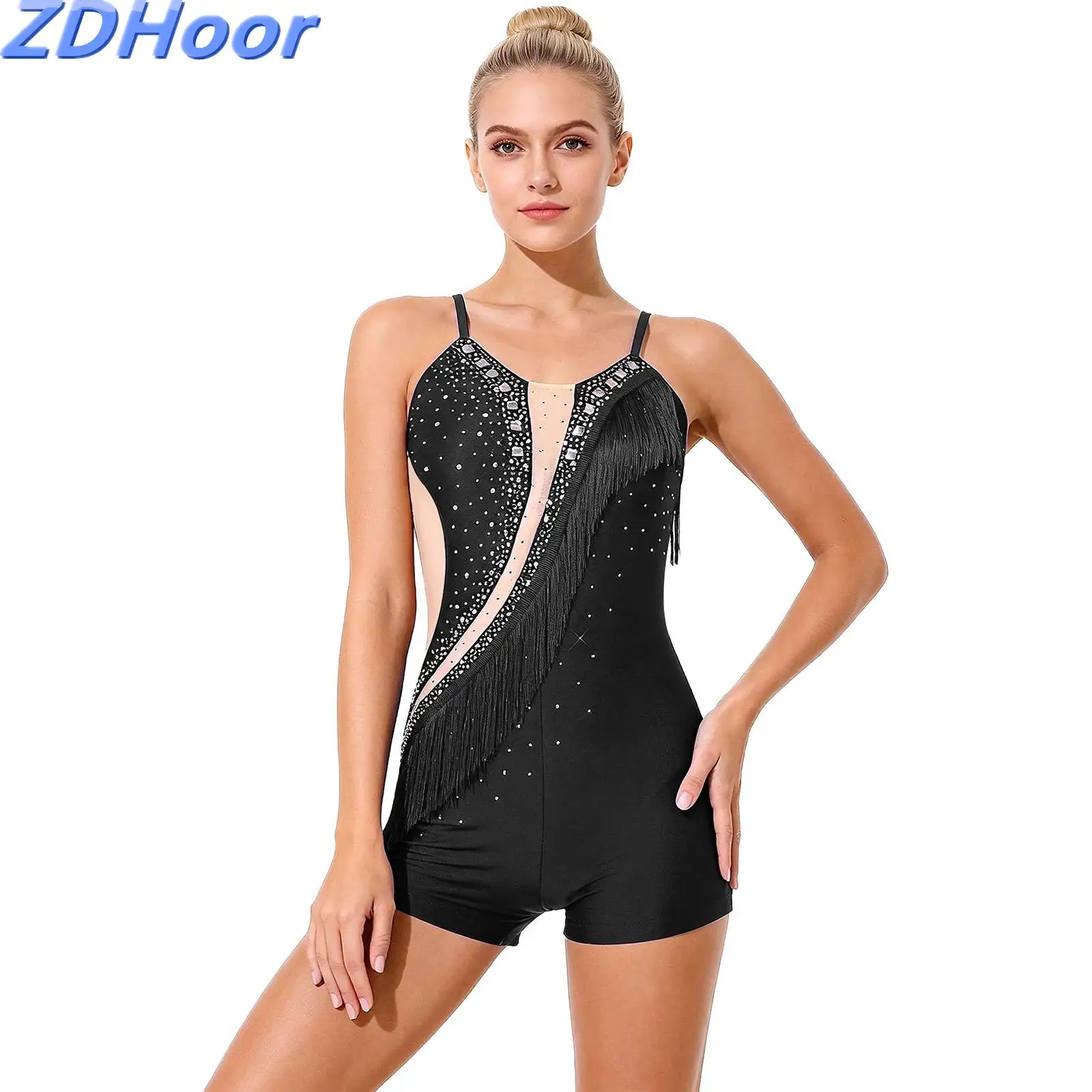 

Womens Figure Skating Jumpsuit Bodysuit Rhinestones Tassel Legs Sheer Patchwork Dance Fringed Rompers for Tango Cha-cha Latin