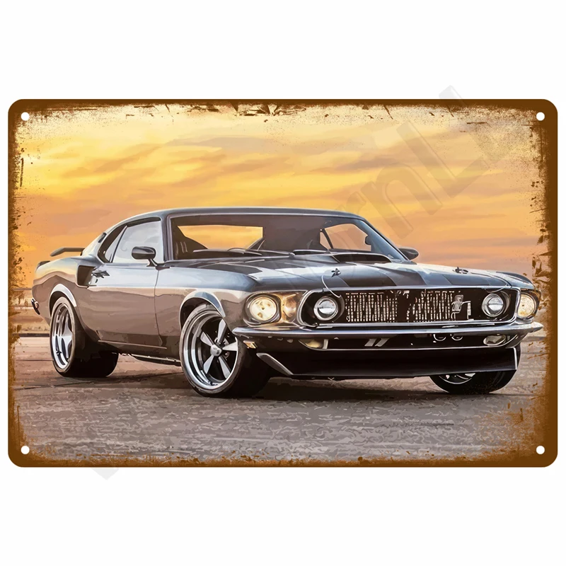 Aluminum metal sign, Vintage classic muscle car sunset wall plaque, waterproof garage workshop wall hanging decor