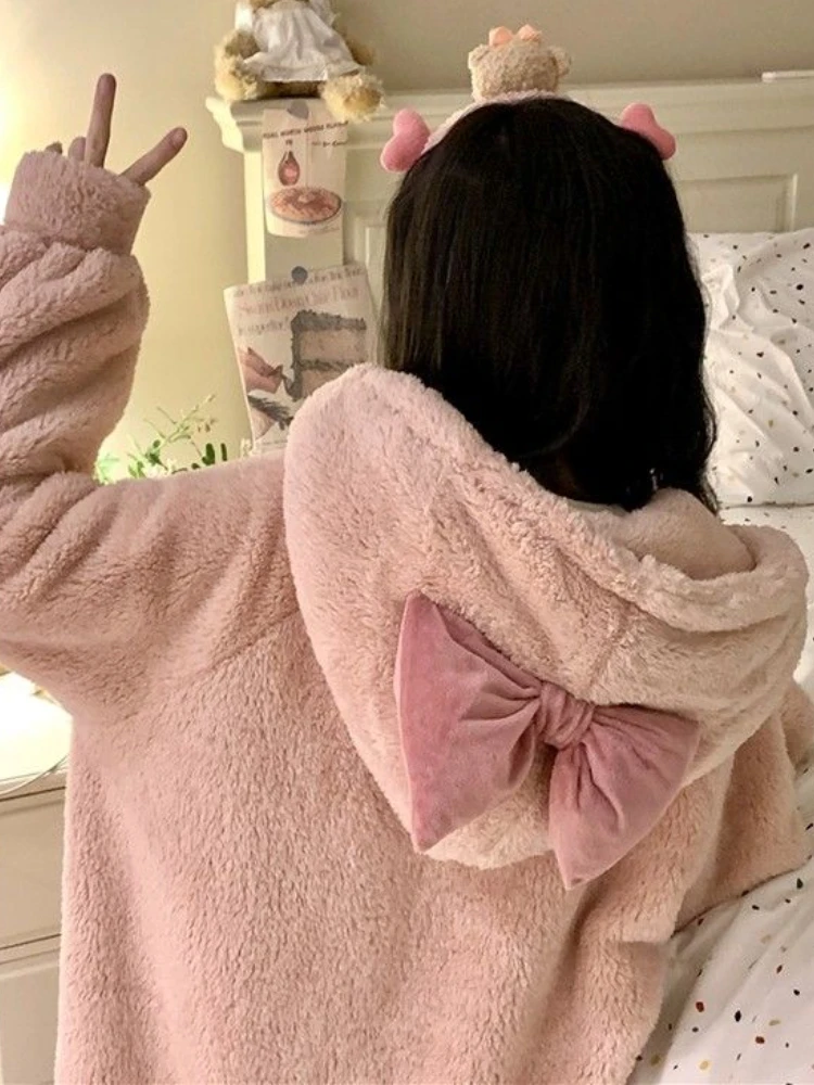 Coral Fleece Robes Women Winter Warm Sweet Cozy Hooded Sleepwear Fluffy Plus Velvet Thicker Aesthetic Girlish Home Korean Style