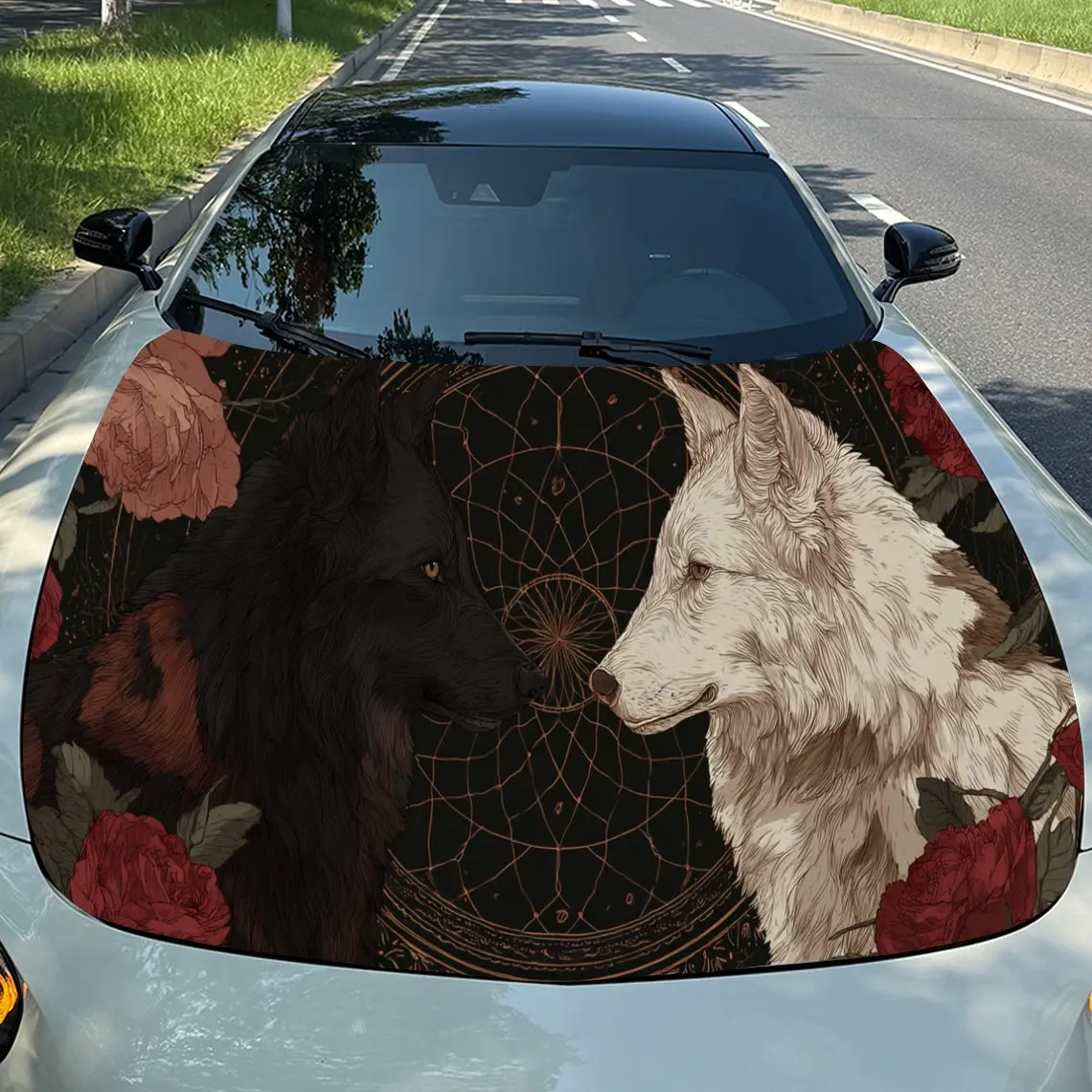 Floral Dreamcatcher Wolf Pair Auto Cover Sticker, Waterproof and Self-adhesive Auto Hood Decal, Auto Vinyl Wraps, Cool Car Exter