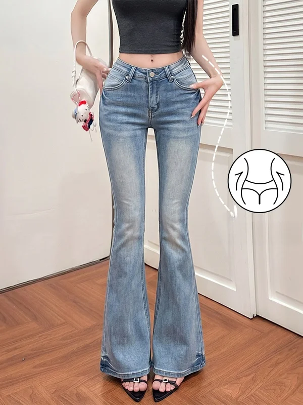 Korean Style High Wash Water Grinding White Low Waist Heavy Work Denim Elastic Slimming Butt Lifting Flared Pants Women