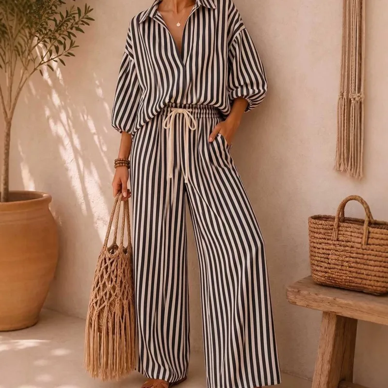 2026 New Autumn And Winter Women's Long Pants Set With Striped Bubble Sleeves Fashion Comfortable And Versatile Long Pants Set