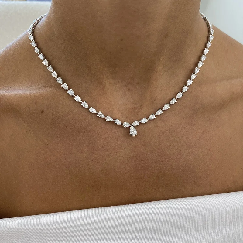 1Ct EF/VS Pear Cut IGI Certified & 13.8 ctw Side Stones Lab Grown Diamond Tennis Necklace 14K 10K Gold Luxury Diamonds Necklace