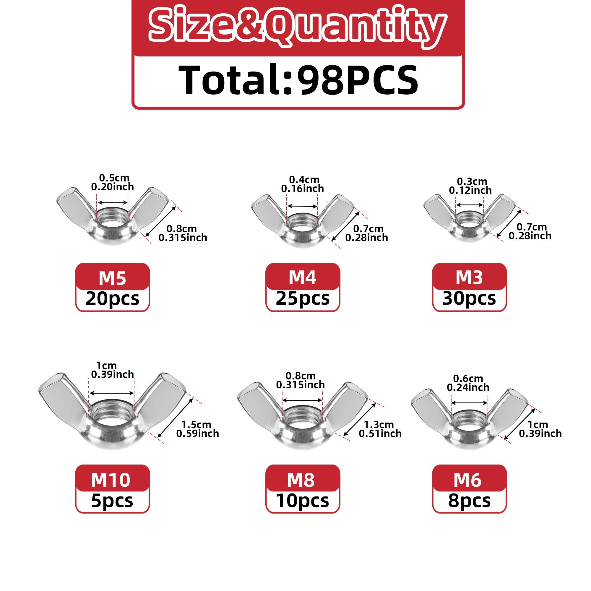 304 Stainless Steel Wing Nuts Assortment Kit - 98Pcs M3/M4/M5/M6/M8/M10, Rust Proof Butterfly Nuts for DIY, Plumbing, Furniture