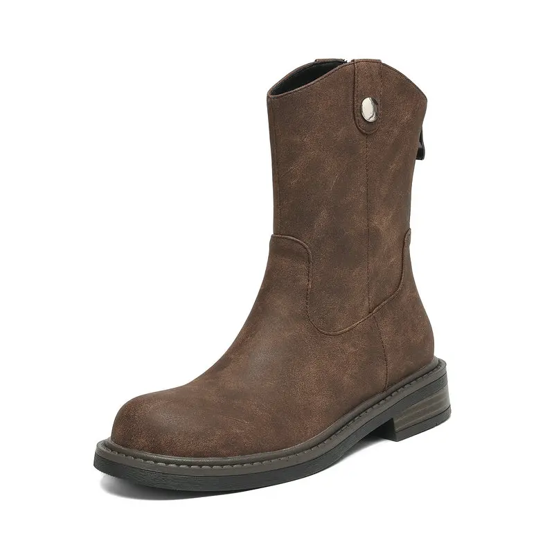 

Women Cowboy Western Boots Lightweight Maillard Retro Plain Leather Cowgirls Ankle Boots 3cm Chunky Heels Shoes Fall Winter 2026