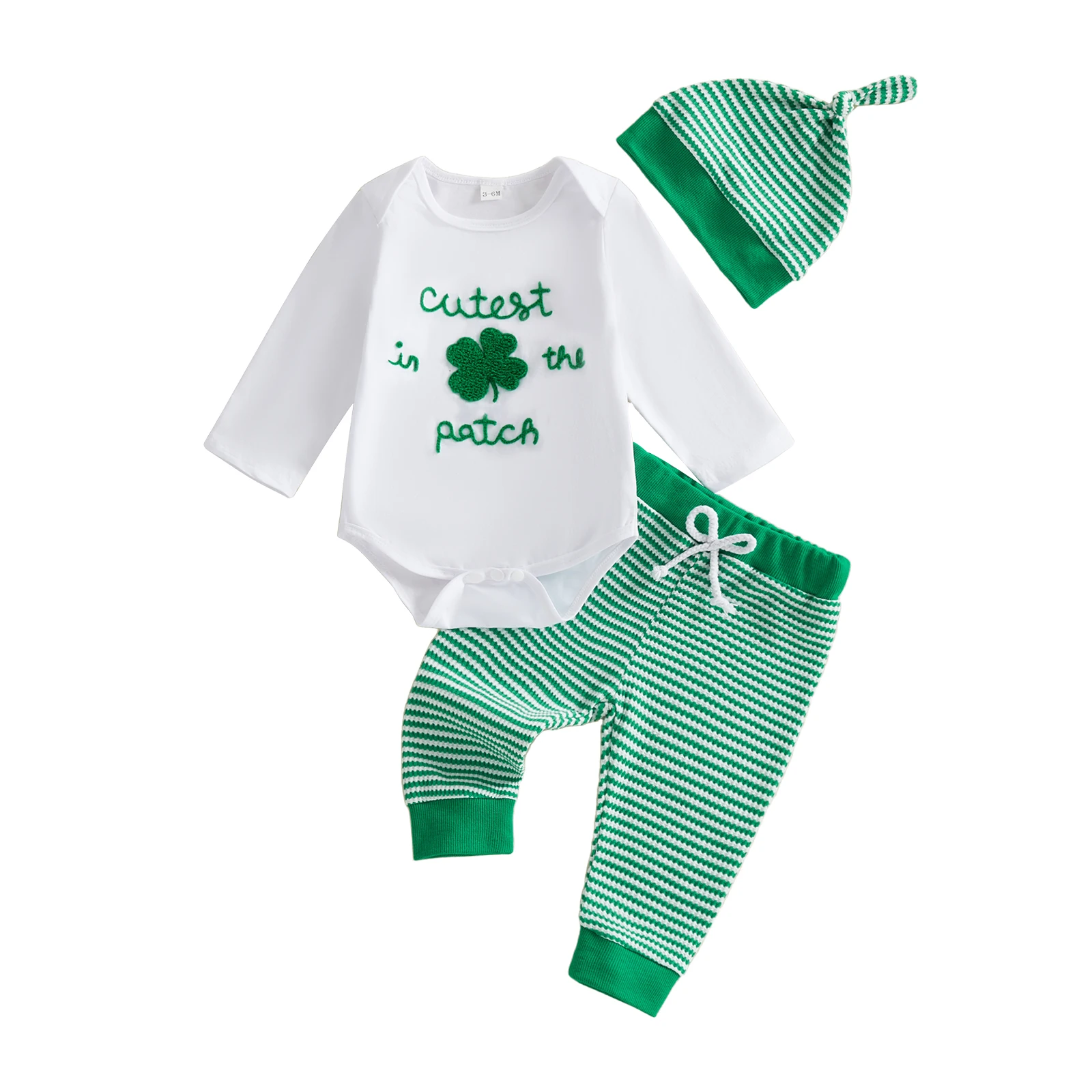 

Комплект для мальчиков на Ирландский день: комбинезон с длинным рукавом, круглым вырезом, вышивкой в виде клевера, брюки на завязках и шапка, 0-12 месяцев