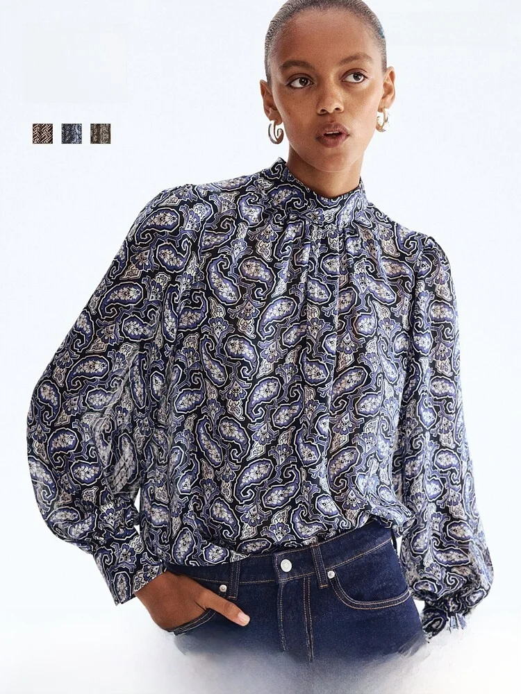 

Женская летняя рубашка H&M с воротником-стойкой, длинным рукавом, в повседневном стиле, из полиэфирного волокна, стандартной толщины, с принтом, приталенная