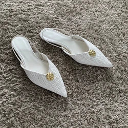 2025 Woman White Fabric High Heels Chic Metal Inlaid Slingback Kitten Heel Shoes Summer Elegant Female Office Low Heels Sandals