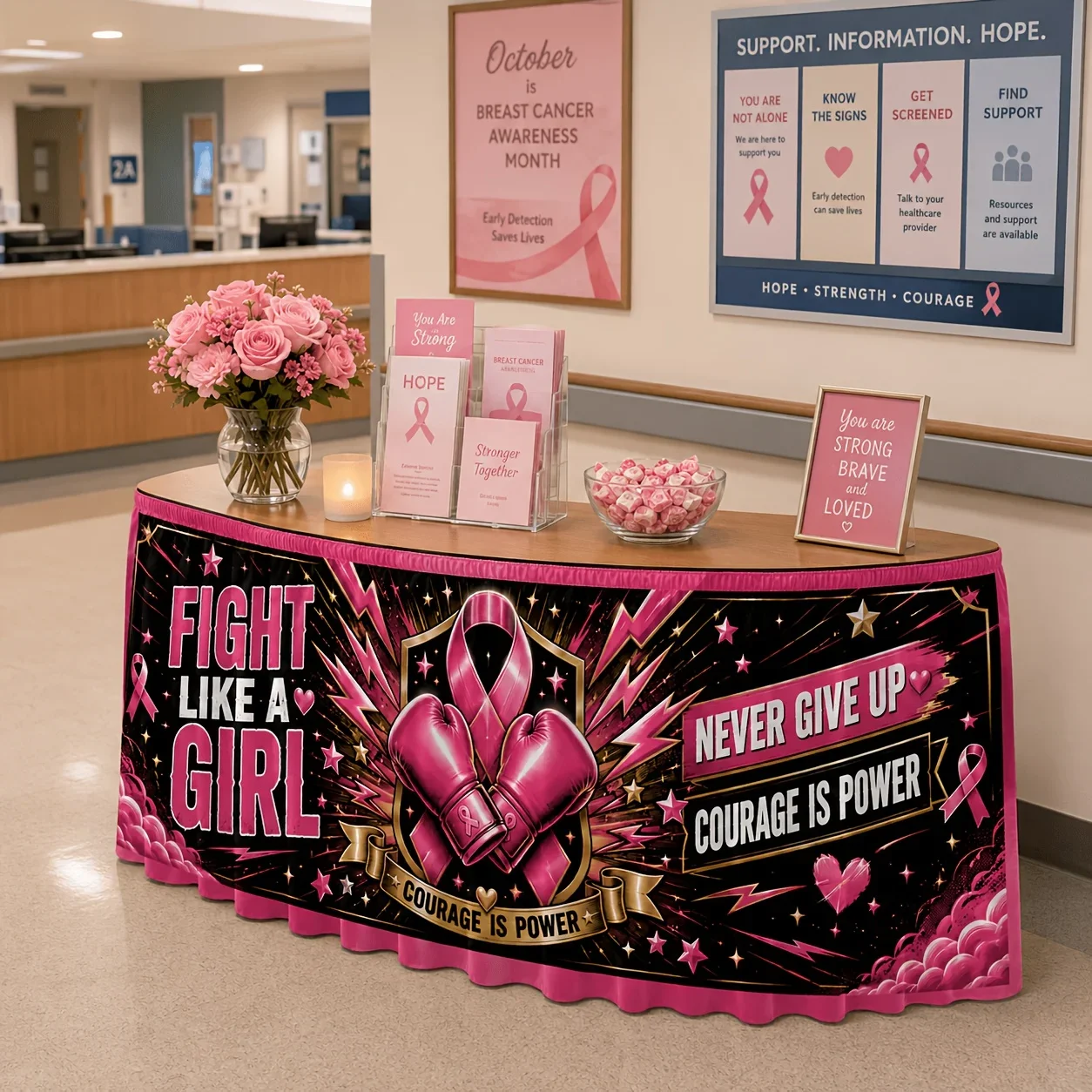 One tablecloth table skirt, polyester, girly pink boxing gloves, awareness ribbon, lightning starsxzj