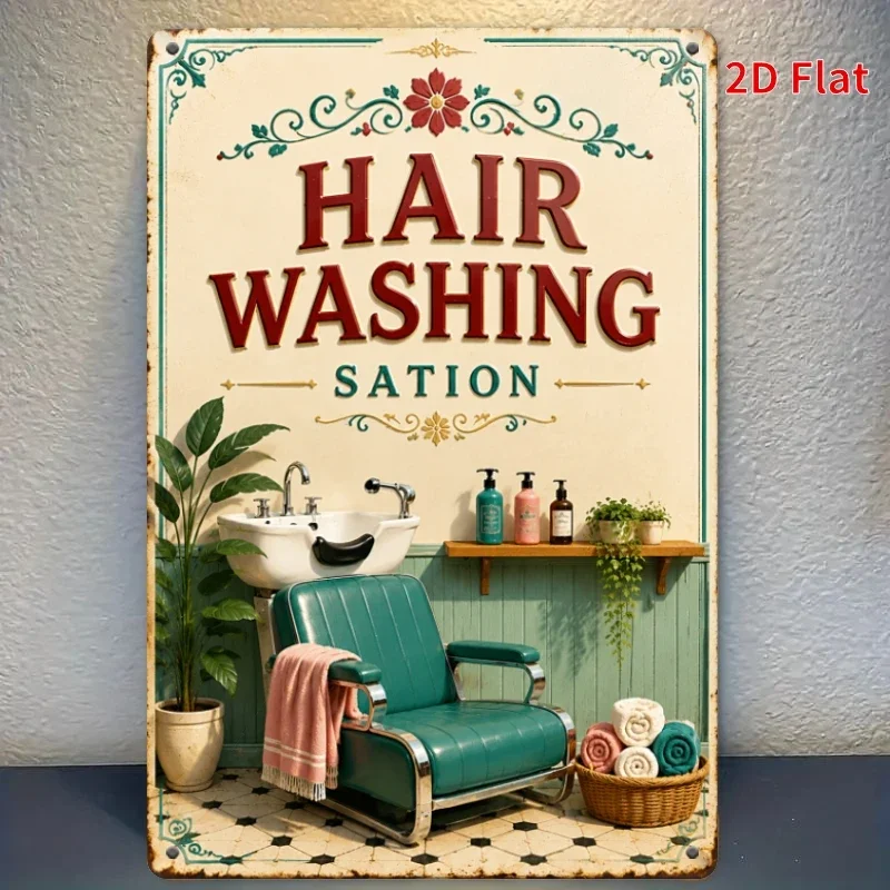 2D Flat, [2Dflat], 1pc 11.81x7.87inch- Hair Washing Station Tin Sign, Vintage Salon Decorative Sign, Retro Wall Art for Barber S