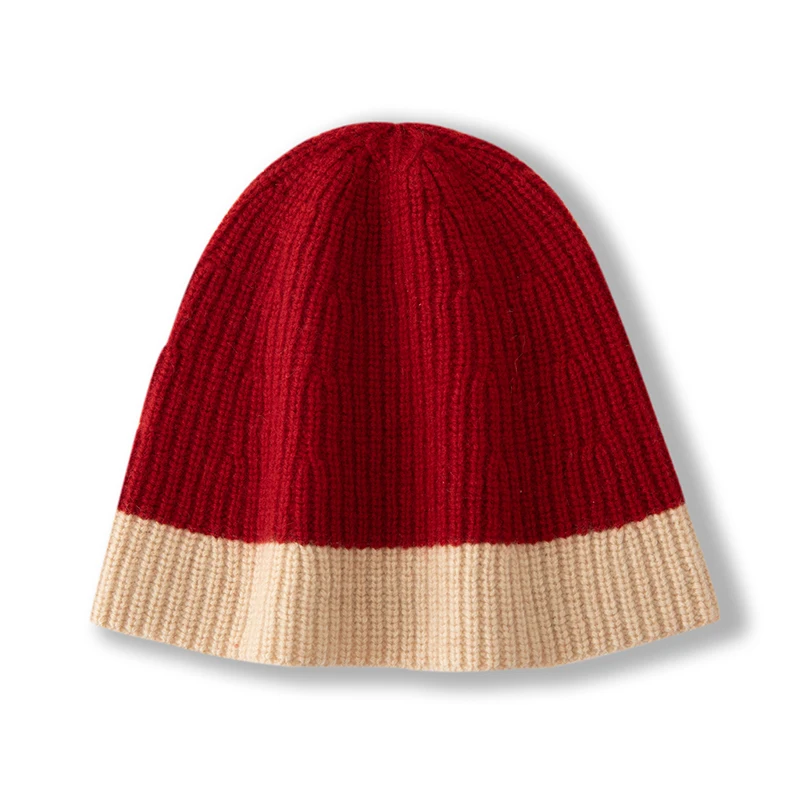 100% Cashmere Color Block Ribbed Knit Hat Women Autumn Winter Snow Warm Pullover Knitted Hat Casual Daily Wear New Year Gift
