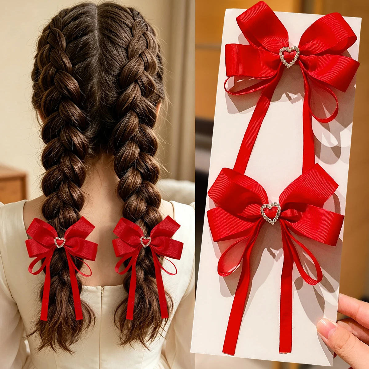 2Pcs Girls Red Bow Hair Clips, Solid Bow with Heart Sequins, Sweet Alligator Clips, for Party & Gift