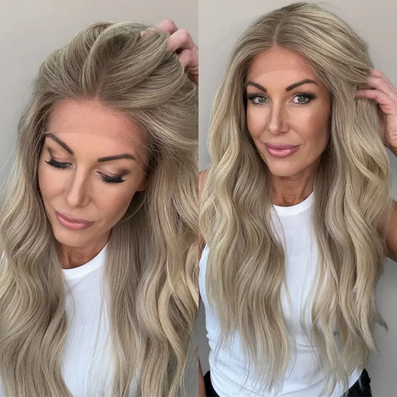 

Small/Large Size Cap Ombre Ash Blonde Synthetic HD Lace Front Top Wigs Middle Parting Women's Wig Soft Body Wave Wig for Party