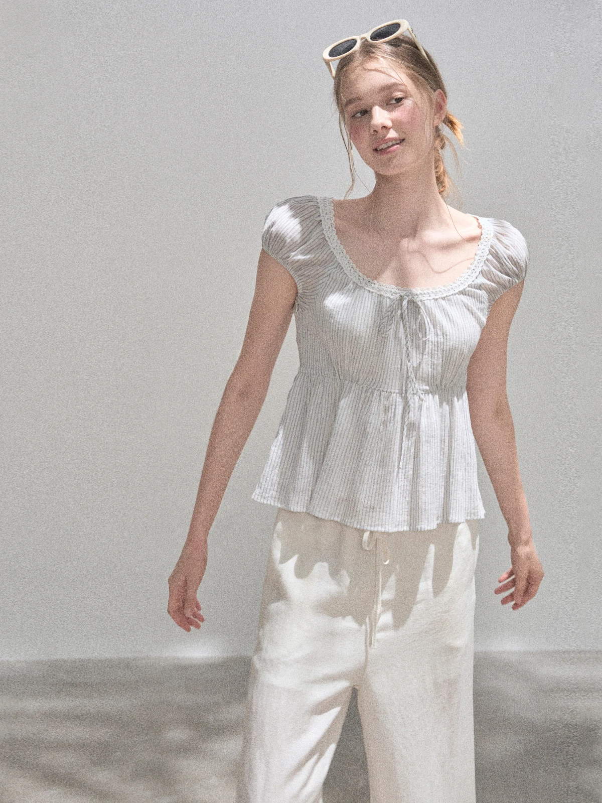 

White U-Ne Striped ort Sve Lace Trim Women's irt Summer Design Sense Commute Sle Slim Fit Cotton Blend Top