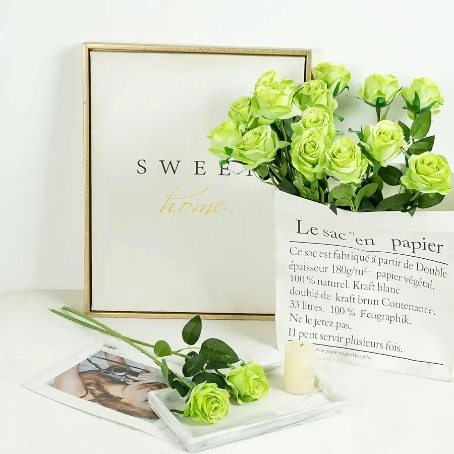 12PCS Artificial Silk Flowers Realistic Roses Bouquet Long Stem for Home Wedding Decoration Party (Green)