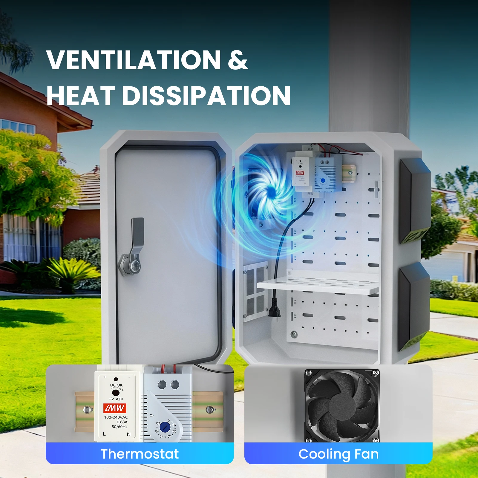 OEM Outdoor Electrical Box with Thermostat and Fan Waterproof Aluminum Alloy Back Beam Enclosure Box for Electronic