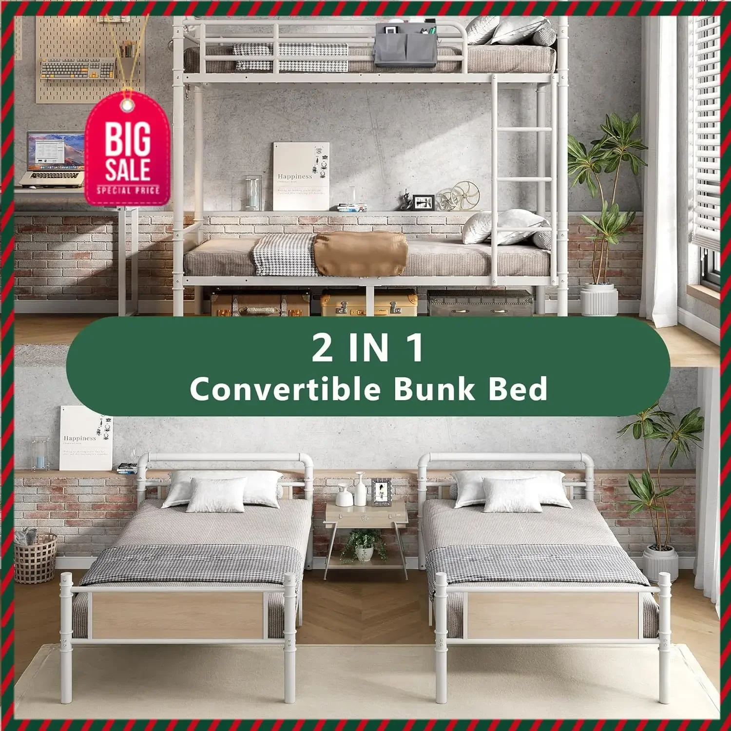 Metal Bunk Bed Twin Over Twin, Industrial Bunkbeds Heavy Duty Bed with Safety Guard Rails and Space-Saving Design, Steel Bed for