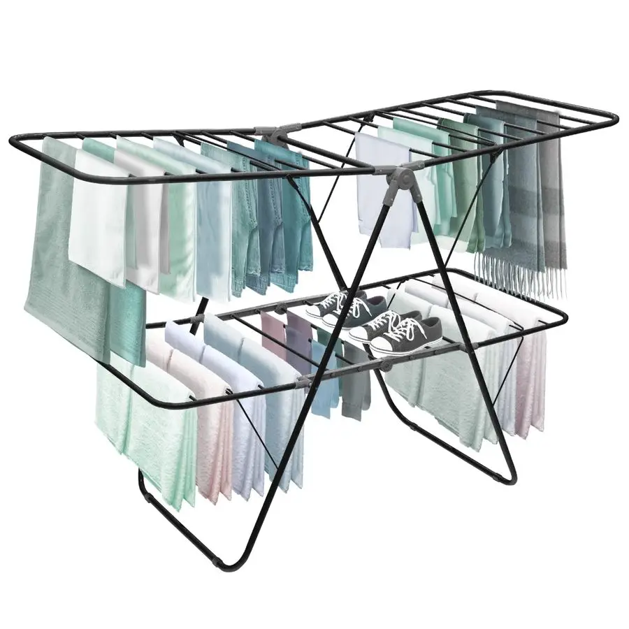 

2 Tier Folding Rack Indoor Outdoor Collapsible Clothes Dryer Stand Laundry or Shoe Rack,Heavy Duty Freestanding Garment Hanger,