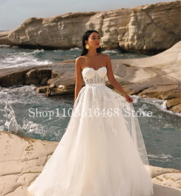 Sweetheart Bridal Beach Wedding 2024 White Elegant Sheath Sheer Applique Formal Wedding Dress Customised A-Line Long Dresses