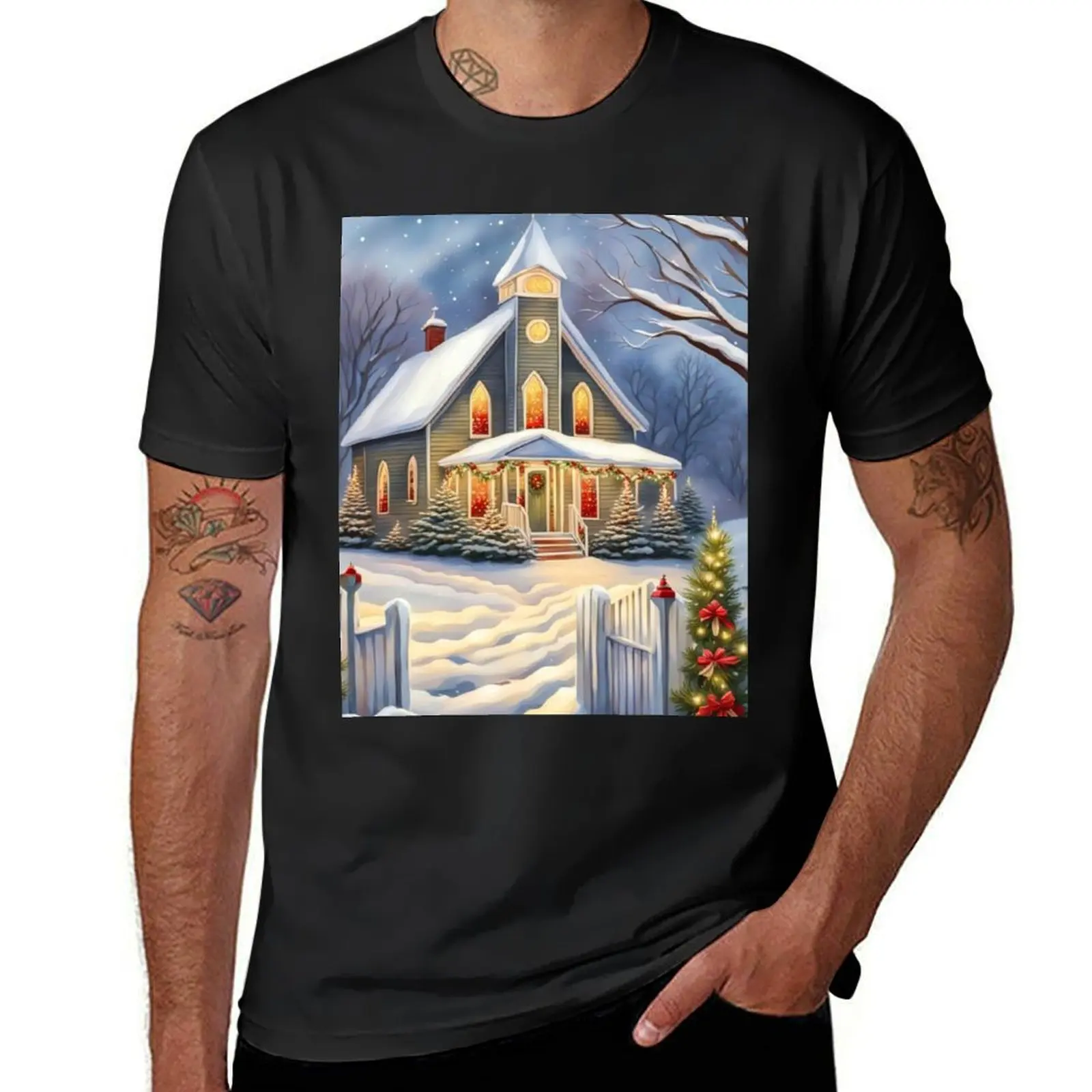 A beautiful Country Church in the Christmas Winter - Warm and Cozy - Christmas Tree And Decorations T-shirt