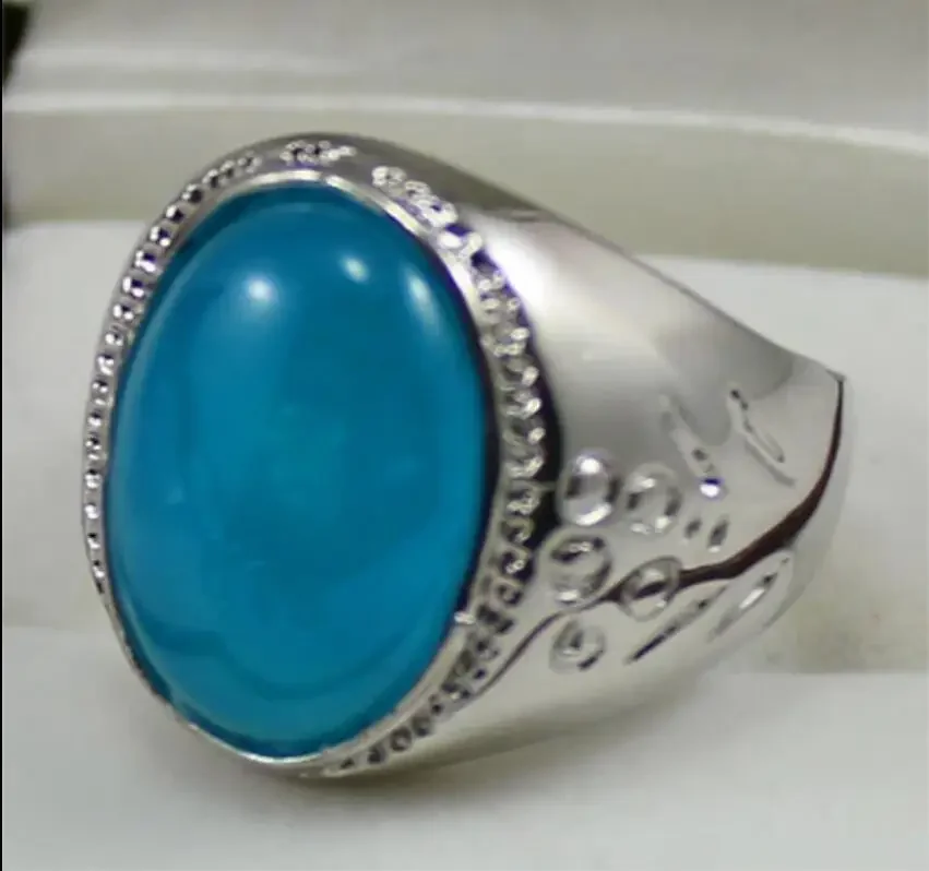 

Men's fashion simple 13X18mm blue jade metal plated silver ring