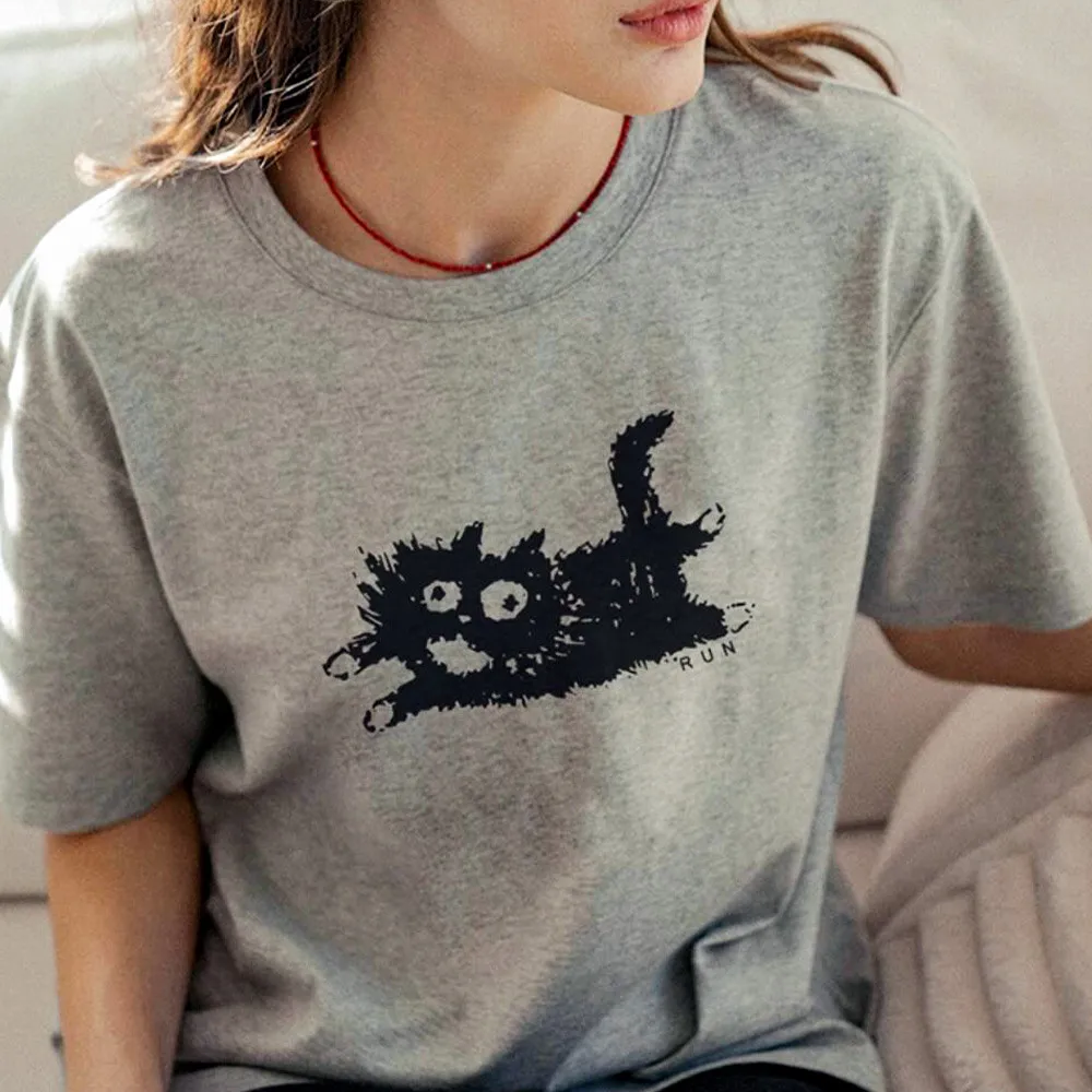 

Funny Cat Printing Female Gray T Shirts Crewneck Short Sleeve Cotton Loose Tops Tees Summer Fashion Casual Aesthetic Shirts