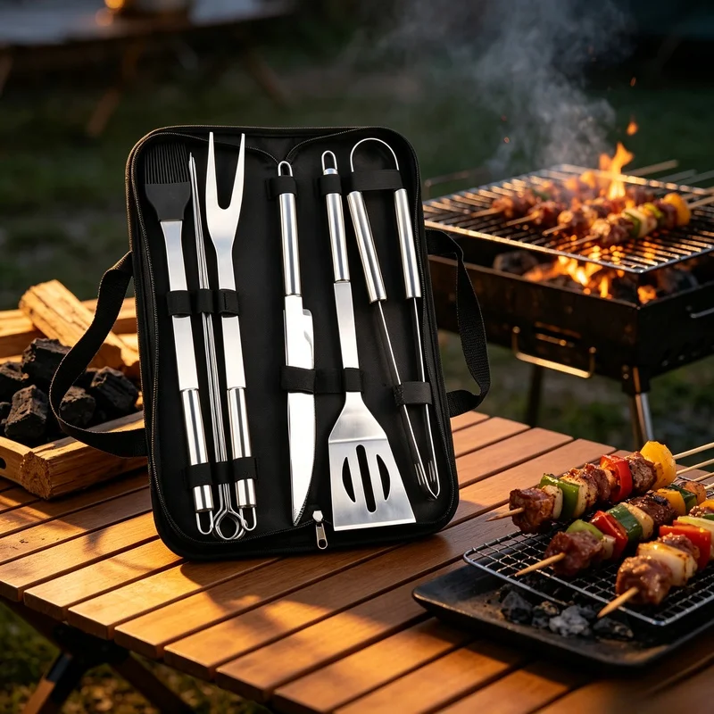 Stainless Steel Complete BBQ Tool Set Portable Cloth Storage Bag Grill Accessories Outdoor Barbecue Camping Cooking