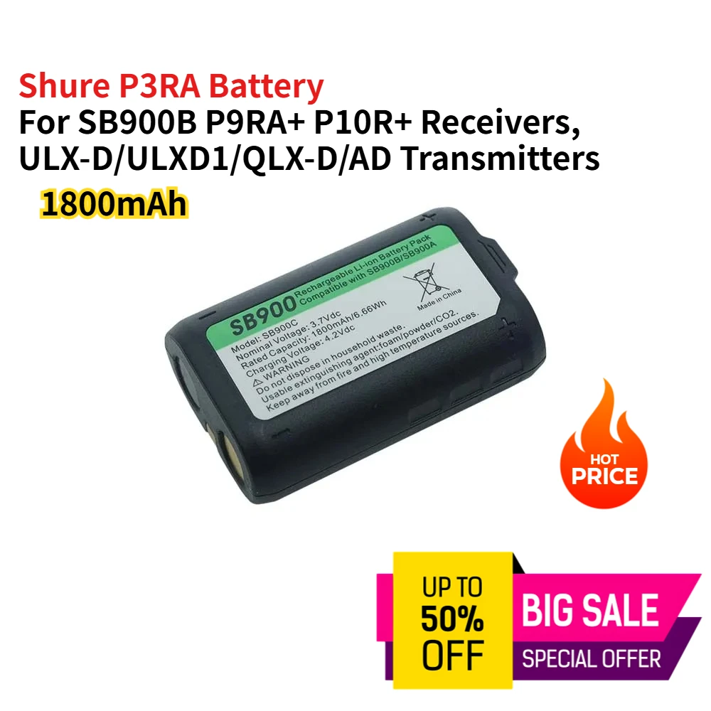 Shure P3RA Battery for Shure SB900B P9RA+ P10R+ Receivers, ULX-D/ULXD1/QLX-D/AD Transmitters