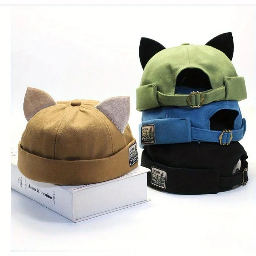 

Lovely Cat Ear Decor Beanie Hat Without Brim Sunproof Beanie Hat Hot Girls Cap