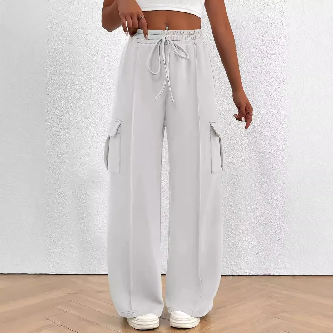 Casual Pocket Wide Leg Pants Elegant Commuter with Slight Stretch Mid Rise Regular Fit Thick Autumn Full Length Women Pants
