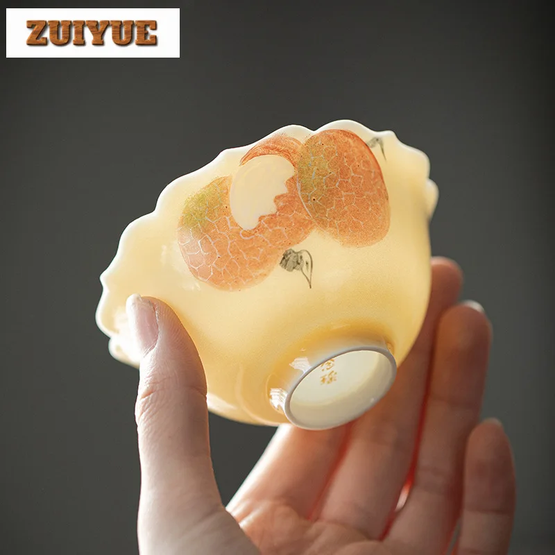 120ml Apricot Yellow Cover Bowl Hand Painted Lychee Bowl Anti Scald Gaiwan Elegant Tea Tureen Tea Cup Chinese Tea Set Ornaments