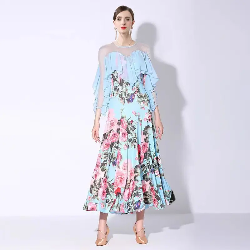 Schickes bedrucktes Patchwork-Abendkleid für Cocktailpartys, Damenbekleidung, fließendes Chiffon-Tanzkleid im französischen Stil, langer Rock 2025,