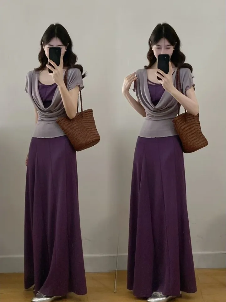 

Slimming plus Size Summer Fashionable Dress High Waist Patchwork Long Skirt Conceal Meat Look Elegant Women's Clothing