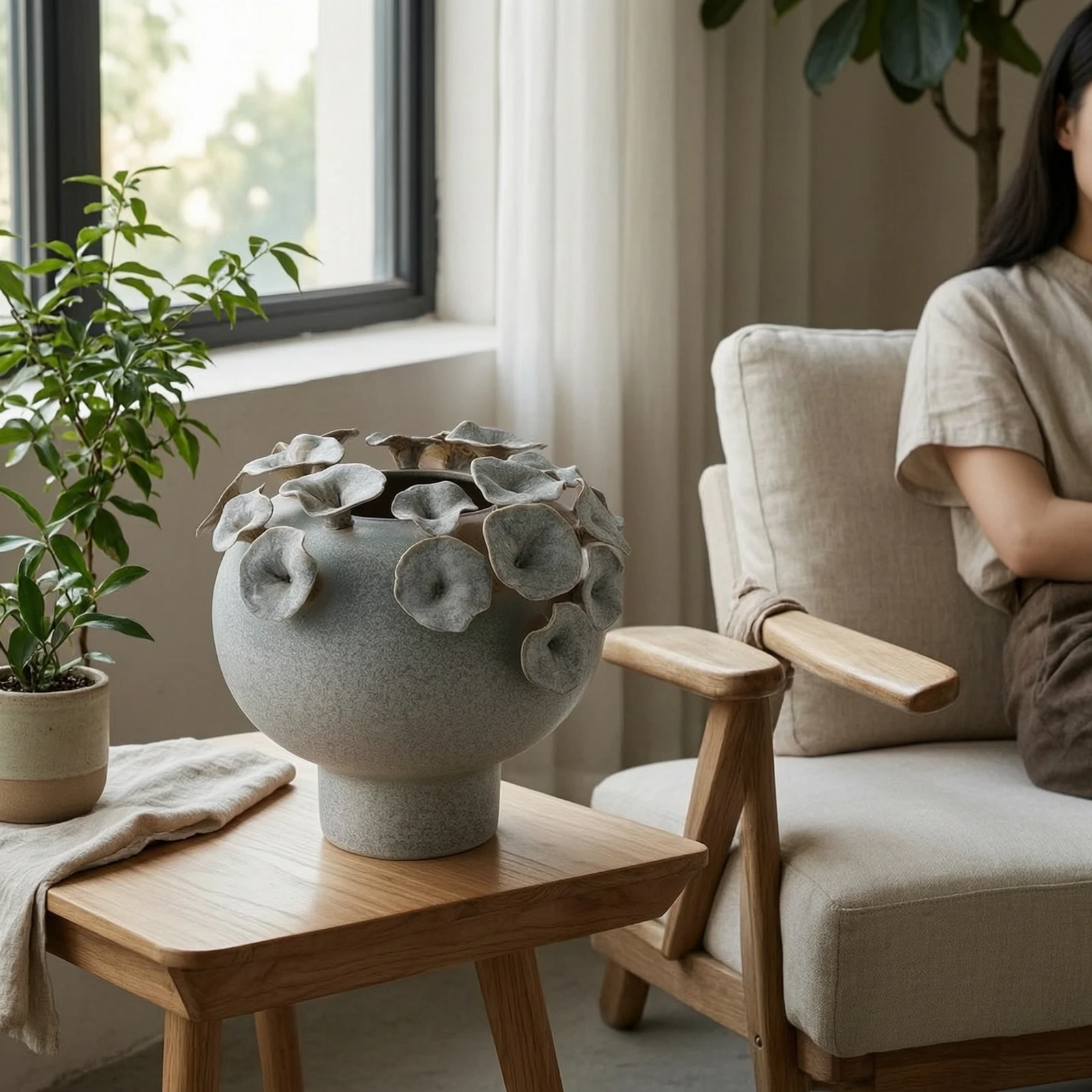 Vase with Petal Relief Artisanal Sculptural Vase Artisan-Inspired Elegant for Living Room, Entryway