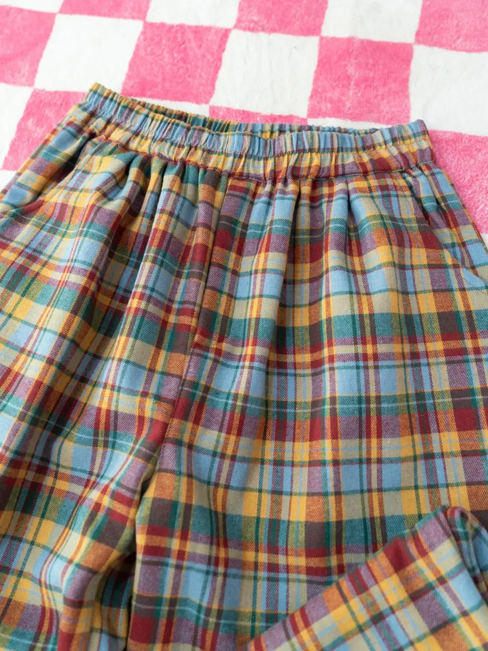 Vintage-rainbow Plaid Loose Bloomers Pants Women Velvet Liner Ankle-length Elastic Waist Preppy Style Winter Autumn Harem Pants