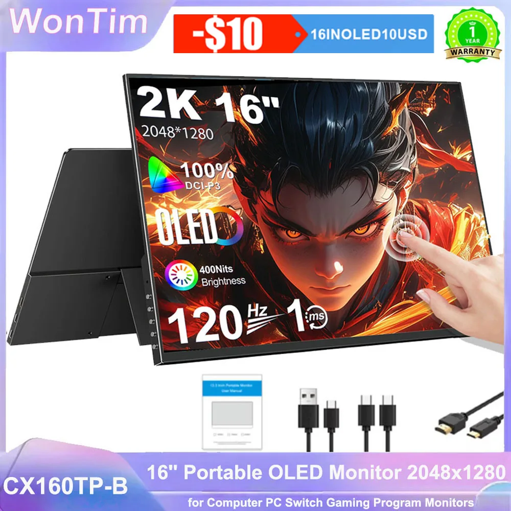 16 Inch OLED Touch Portable Monitor 2K 16:10 100%sRGB 400Cd/m Second Screen For Laptop With Holder Stand Type-C HDMI-Compatible