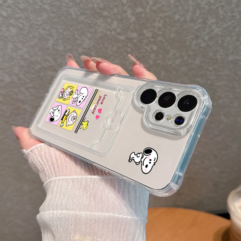 Cute Anime Snoopys Card Hold Phone Case For Samsung S24 S23 S22 S21 S20 FE Plus Ultra M33 M53 M54 5G Anti-fall Clear Cover