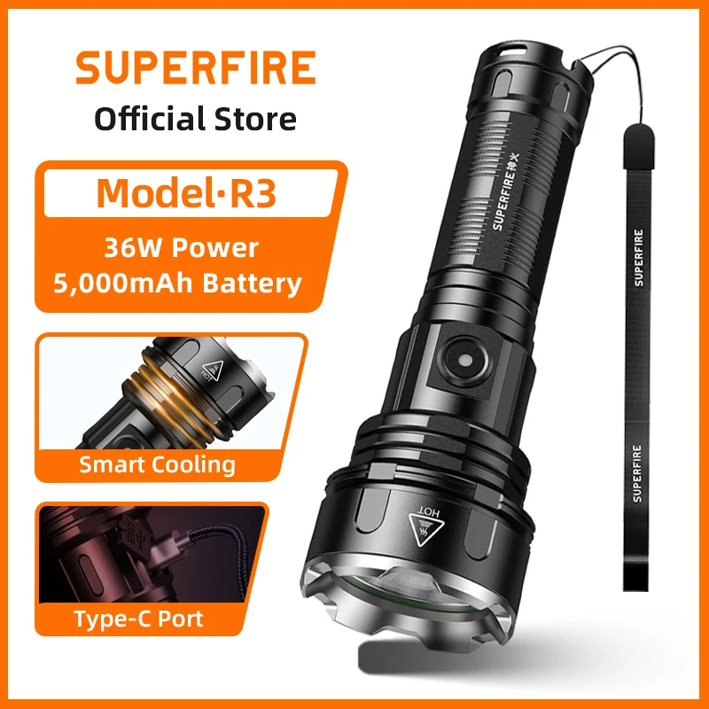 

SUPERFIRE R3 Super Bright Flashlight 36W 2000LM Type-C Rechargeable Torch Waterproof Power Bank Light Outdoor Camping Lantern