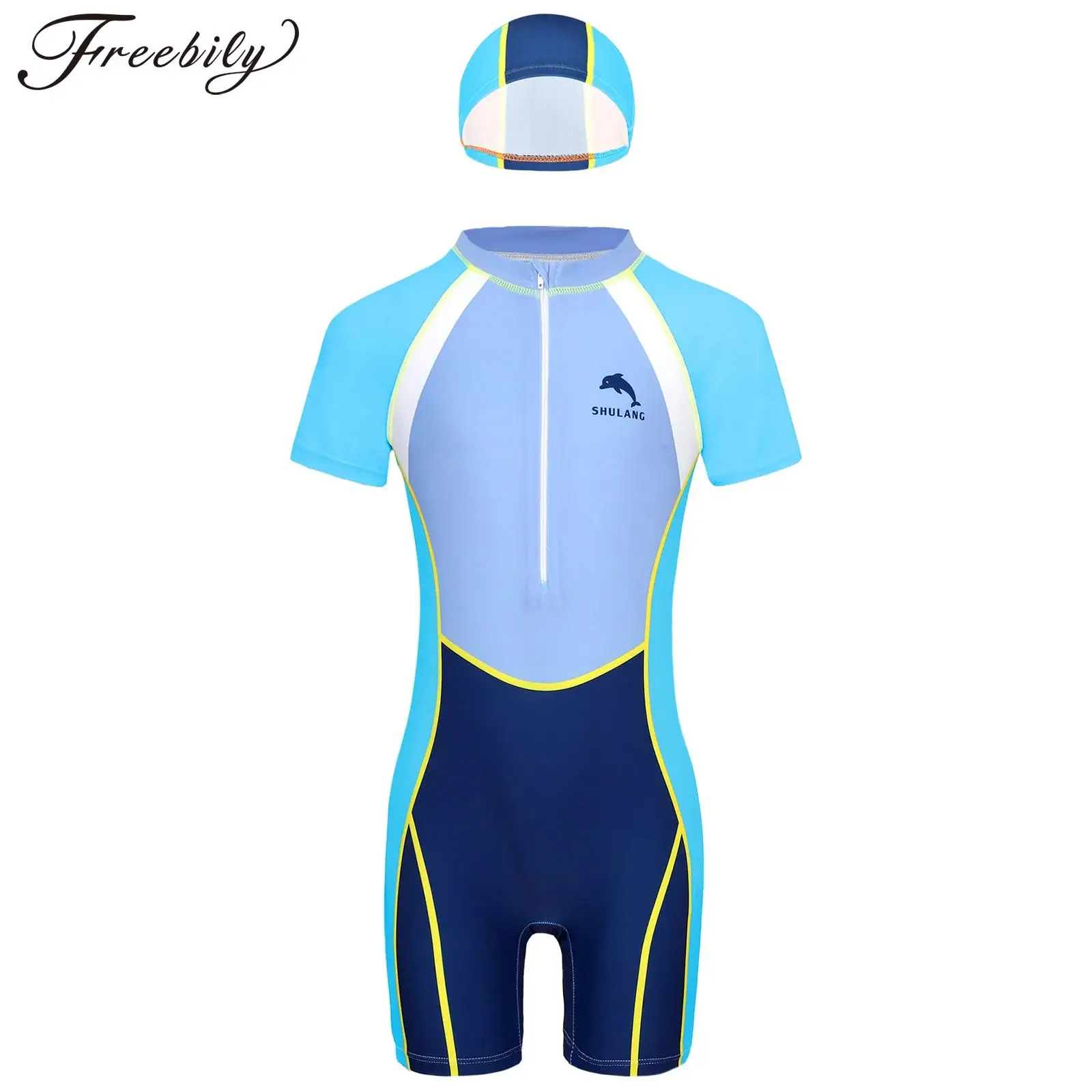 

Kids Boys UPF 50+ Rash Guard One Piece Swimsuit Short Sleeve Swimwear Surfing Diving Bathing Suit Beachwear with Hat for Party