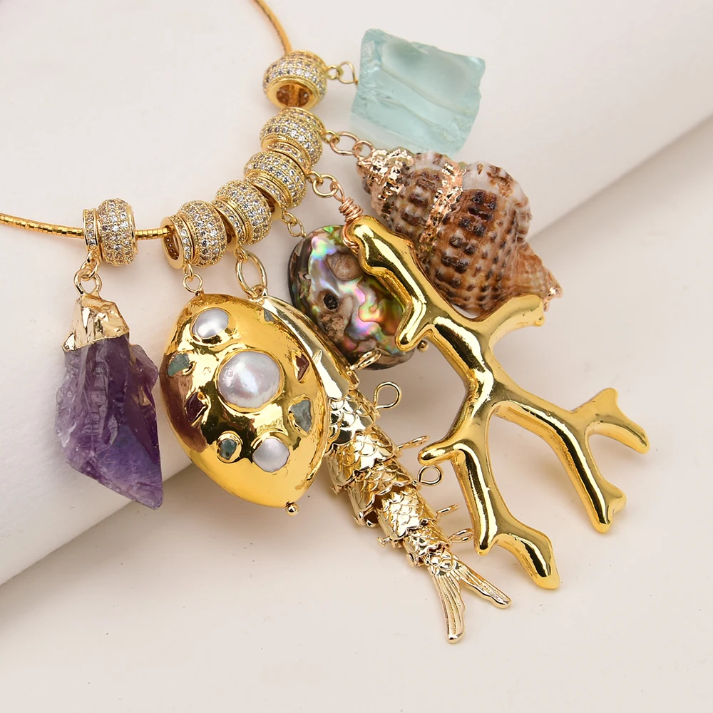 

Ожерелье G-G ручной работы с подвесками из натуральных камней, жемчуга, ракушек абалона, аметиста и смолы в форме ветки и рыбки